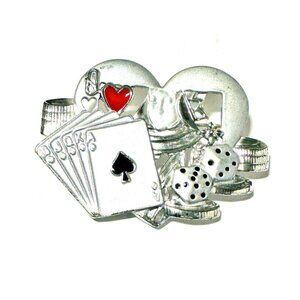 Queen of Hearts Brooch Metal Signed AJC Gambling Casino Dice Chips Vintage